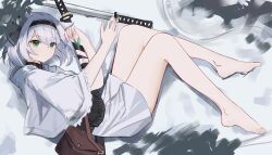  1girl absurdres alternate_costume bag barefoot black_hairband brown_bag chinese_commentary commentary_request commission ehextra green_eyes grey_hair hairband highres hitodama katana konpaku_youmu konpaku_youmu_(ghost) looking_at_viewer lying on_side outdoors second-party_source sheath sheathed shirt skirt snow solo sword toes touhou unsheathed weapon white_shirt white_skirt wide_sleeves 