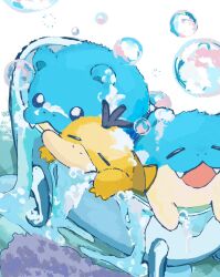 bathtub blue_eyes bubble closed_eyes commentary_request highres no_humans open_mouth pokemon pokemon_(creature) pokemon_focus psyduck smile soap spheal tanisi7cskv water 
