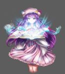  1girl blush book breasts capelet crescent dress grey_background hat highres hijiwryyyyy long_hair patchouli_knowledge purple_hair ribbon smoke solo touhou violet_eyes 