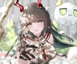  1girl :d arknights arknights:_endfield aruku_(arukunights) balloon bare_shoulders black_gloves black_sleeves blurry blurry_background blush brown_hair colored_inner_hair commentary_request day detached_sleeves dragon_bean_(arknights) dragon_girl dragon_horns falling_petals gloves green_eyes green_hair hair_intakes hair_ornament highres holding_hands horns jewelry long_hair long_sleeves multicolored_hair multiple_rings open_mouth orange_eyes outdoors partial_commentary petals pointy_ears pov pov_hands red_hair red_horns ring smile white_petals white_sleeves wind zhuang_fangyi_(arknights) 