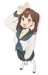  1girl :d arm_up black_sailor_collar black_skirt blue_neckerchief braid braided_bangs brown_hair commentary fang from_above full_body highres karubi_(karubi465558) kneehighs kotobuki_hisako light_blush long_sleeves looking_at_viewer medium_hair neckerchief open_mouth pleated_skirt sailor_collar school_uniform seitokai_ni_mo_ana_wa_aru! serafuku shirt shoes simple_background skirt smile socks solo twintails uwabaki v white_background white_shirt white_shoes white_socks yellow_eyes 