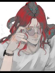  1boy adjusting_eyewear animal animal_on_head animal_on_shoulder aqua_eyes arm_up bespectacled casual closed_mouth commentary_request contemporary elden_ring elden_ring:_shadow_of_the_erdtree frea glasses long_hair looking_at_viewer male_focus messmer_the_impaler on_head one_eye_closed parted_hair red_hair round_eyewear semi-rimless_eyewear shirt slit_pupils snake solo upper_body watch watch white_background white_shirt yellow_eyes 