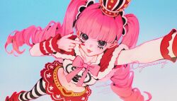  1girl :p belt blunt_bangs boots crown dywx_poison gold_belt long_hair navel one_piece perona red_boots red_nails red_skirt shirt short_twintails skirt striped_clothes striped_thighhighs thigh-highs tongue tongue_out twintails white_shirt 