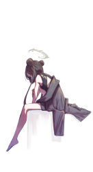  1girl absurdres bare_arms bare_legs barefoot black_dress black_hair blue_archive blue_eyes commentary double_bun dress from_side grey_halo grey_jacket gyu_mizu hair_bun halo highres jacket kisaki_(blue_archive) long_hair looking_at_viewer sleeveless sleeveless_dress solo teeth twintails unworn_jacket very_long_hair 
