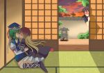  3girls cape gradient_hair green_hair hijiri_byakuren houjuu_nue incipient_kiss long_hair multicolored_hair multiple_girls ougi_(ihayasaka) pagoda saliva saliva_trail shikieiki_yamaxanadu short_hair skirt sliding_doors sunset tatami wall yuri 