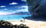  1girl beach black_hair bokuden clouds dog hat mountain ocean original sand scenery skirt sky sunlight tree 
