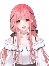  1girl arm_cutout belt black_belt black_bow black_ribbon bow bow_choker bowtie bra_strap brown_eyes chinese_commentary choker clothing_cutout collarbone commentary_request eyelashes eyes_visible_through_hair frilled_shirt frills hair_bow hair_ribbon happy highres infinity_nikki light_blush long_hair long_sidelocks long_sleeves low_twintails nikki_(nikki) nikki_(series) nostrils off-shoulder_shirt off_shoulder open_mouth perfect_start_(infinity_nikki) pink_bow pink_bowtie pink_choker pink_hair ribbon shirt sidelocks simple_background single_stripe smile solo straight-on striped_bow striped_bowtie striped_choker striped_clothes teeth tress_ribbon twintails upper_body very_long_hair white_background white_shirt yexian82411 