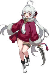  1girl :d absurdres ahoge amamiyayk animal_ears bell blush boots borrowed_character cape chinese_commentary coat commentary_request crossed_bangs double-parted_bangs full_body fur-trimmed_coat fur_trim grey_hair hair_between_eyes hair_intakes heterochromia highres holding holding_sword holding_weapon huge_ahoge jingle_bell long_hair long_sleeves looking_at_viewer low_twintails original pink_eyes red_cape sidelocks simple_background smile solo sword thigh_strap thighs twintails very_long_hair weapon white_background white_boots yellow_eyes 