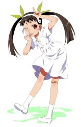  1girl arm_up bandaid bandaid_on_knee bandaid_on_leg brown_hair commentary_request dress gesugesu_ahoaho green_ribbon hachikuji_mayoi hair_ribbon hairband highres long_hair looking_at_viewer monogatari_(series) one_eye_closed red_eyes ribbon shoes short_sleeves simple_background socks solo tongue twintails watanabe_akio_(style) white_background white_dress white_hairband white_shoes white_socks 