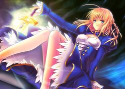  1girl ahoge blonde_hair braid breasts cleavage cleavage_cutout dress excalibur fate/stay_night fate_(series) glowing glowing_sword glowing_weapon green_eyes hair_down juliet_sleeves long_hair long_sleeves puffy_sleeves saber side_braid sitting solo sword ty_1865 weapon 