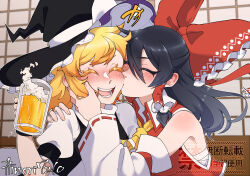  +++ 2girls alcohol ascot beer beer_mug black_hair black_hat black_vest blonde_hair blush bow braid chest_sarashi closed_eyes commentary_request cup detached_sleeves drunk frilled_bow frilled_hair_tubes frills hair_bow hair_tubes hakurei_reimu hat hat_bow highres hinori7210 holding holding_cup indoors kirisame_marisa kiss kissing_cheek long_hair mug multiple_girls open_mouth puffy_short_sleeves puffy_sleeves red_bow red_skirt ribbon-trimmed_sleeves ribbon_trim sarashi short_sleeves shouji side_braid single_braid skirt sliding_doors smile teeth touhou twitter_username vest white_bow witch_hat yellow_ascot yellow_eyes yuri 