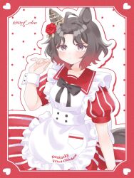  ace_lov ahoge alternate_costume animal_ears apron black_bow blush bow breasts brown_hair commentary_request dress ear_flower ear_ornament employee_uniform fast_food_uniform flower gradient_hair heart highres horse_ears horse_girl horse_tail kfc looking_at_viewer multicolored_hair red_dress red_hair rose_kingdom_(umamusume) short_hair striped_clothes striped_dress tail two-tone_hair umamusume vertical-striped_clothes vertical-striped_dress white_apron white_wrist_cuffs wrist_cuffs 