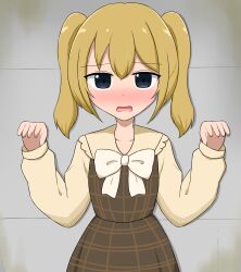 azi_(@azi15968) black_eyes black_hole-shaped_pupils blonde_hair child commentary dress dress_ribbon hand_up highres lolicon long_sleeves looking_at_viewer open_mouth original plaid_clothes plaid_dress questionable ribbon short_twintails simple_background twintails two-tone_dress underage upper_body white_ribbon