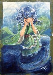  1girl absurdres blue_eyes blue_hair commentary_request drill_hair drill_sidelocks fins frilled_kimono frills full_body green_kimono hands_on_own_cheeks hands_on_own_face harikona head_fins highres japanese_clothes kimono long_sleeves looking_at_viewer merfolk mermaid monster_girl obi obijime open_mouth painting_(medium) photo_(medium) sash sidelocks smile solo touhou traditional_media wakasagihime watercolor_(medium) wide_sleeves 