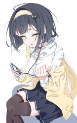  1girl amber_(stella_sora) black_hair cat_hair_ornament cellphone coat commentary_request earphones earphones fugu43 hair_ornament hairband highres holding holding_phone long_sleeves looking_at_viewer open_mouth phone pleated_skirt shirt short_hair simple_background sitting skirt smartphone solo stella_sora thigh-highs white_background white_shirt yellow_coat yellow_eyes 