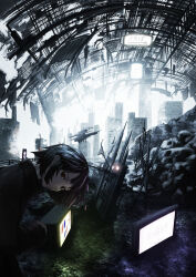  1girl absurdres black_hair city closed_mouth commentary english_commentary english_text highres looking_at_viewer neon_lights original red_eyes ruins saike_derikku short_hair solo television 