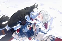  1boy 73llkm absurdres ahoge alyosha_(genshin_impact) animal animal_ears animal_nose black_fur black_gloves black_pants black_shirt blue_jacket blush cape closed_eyes commentary_request cowboy_shot day dog dog_ears dog_tail fur-trimmed_cape fur_trim genshin_impact gloves green_hair hair_between_eyes hands_up happy highres holding holding_animal hood hooded_cape husky jacket korean_commentary licking licking_another's_face long_sleeves lying male_focus on_back open_mouth outdoors pants pet shadow shirt short_hair smile snow tail thigh_strap tongue tongue_out turtleneck turtleneck_shirt two-tone_fur white_cape white_fur winter 