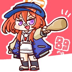  1girl :d bandaid bandaid_on_face bandaid_on_leg bandaid_on_nose baseball_bat baseball_cap black_socks blue_archive blue_hat blue_jacket blush chibi commentary_request dated drawstring eyewear_on_headwear full_body grey_shoes halo hat holding holding_baseball_bat hood hoodie jacket long_hair long_sleeves lowres multicolored_jacket neneo_(ragnene1) notice_lines open_clothes open_jacket open_mouth orange_hair orange_halo red_background rei_(blue_archive) shoes smile socks solo sunglasses tinted_eyewear translation_request two-tone_jacket v-shaped_eyebrows violet_eyes white_hoodie 