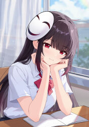  1girl absurdres against_desk book bow braid brown_hair chair classroom desk ehe-chan_(funshiki) funshiki gradient_hair hands_on_own_face highres indoors long_hair looking_at_viewer mask mask_on_head multicolored_hair on_chair open_book red_bow red_eyes school school_desk school_uniform shirt sitting solo white_shirt window xiongji_z_z 