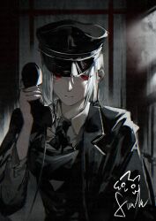  1girl absurdres black_coat chainsaw_man coat collared_shirt dark_background dress_shirt earrings eyelashes fami_(chainsaw_man) hat highres jewelry long_sleeves neck_ribbon owlwy_(owl_roi) peaked_cap phone phone_booth red_eyes ribbon ringed_eyes school_uniform shirt sidelocks tassel tassel_earrings white_hair white_shirt 