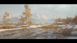  autumn autumn_leaves bare_tree chinese_commentary commentary_request forest grass highres hlxen house landscape leaf letterboxed mountain nature no_humans original rural scenery sky snow tree 
