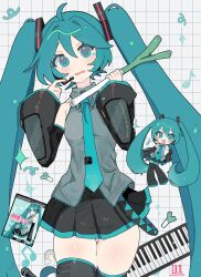 1girl ahoge aqua_eyes aqua_hair aqua_nails aqua_necktie aqua_trim bare_shoulders black_skirt black_sleeves black_thighhighs box_art character_name chibi chibi_inset collared_shirt commentary copyright_name cowboy_shot crypton_future_media detached_sleeves dot_nose fingernails food grey_shirt grid_background hair_between_eyes hair_intakes hair_ornament hands_up hatsune_miku headset highres holding holding_food holding_spring_onion holding_vegetable instrument keyboard_(instrument) long_hair looking_at_viewer microphone minazuki_(minaduki_0318) musical_note nail_polish necktie oversized_thighs peanut_mouth pleated_skirt shirt skindentation skirt sleeveless sleeveless_shirt sparkle spring_onion tearing_up teenage teenager thigh-highs tie_clip twintails underage untranslatable_commentary vegetable very_long_hair vocaloid wide_sleeves wing_collar zettai_ryouiki