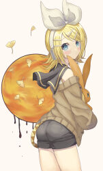  1girl ass belt black_sailor_collar black_shorts blonde_hair blue_eyes bow brown_cardigan cardigan cardigan_partially_removed closed_mouth commentary_request cowboy_shot hair_bow hair_ornament hairclip headphones highres holding holding_stuffed_toy kagamine_rin looking_at_viewer neckerchief parallel_hairclips sailor_collar shirt short_hair shorts simple_background sleeveless sleeveless_shirt stuffed_animal stuffed_toy tsutsuji_(suisai02) vocaloid white_background white_bow white_shirt yellow_belt yellow_neckerchief yellow_trim 