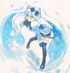  1girl blue_eyes blue_hair boots earmuffs hatsune_miku leaning_forward long_hair mittens s.o_chin skirt snowflakes solo thigh_boots thighhighs twintails very_long_hair vocaloid yuki_miku 