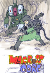 1boy alien angry backpack bag body_armor cable choujikuu_yousai_macross club_(weapon) combat_helmet commentary_request destroid english_text explosive giant grenade helmet holding holding_grenade logo looking_back maclone macross mecha military_uniform original robot rock science_fiction shoulder_cannon sketch soldier spartan_(destroid) title trench weapon zentradi zuru_jp 