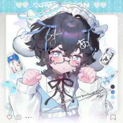  1girl :o animal_ears barcode black_hair black_necktie blue_bow blue_eyes blush bow collared_shirt commission crossed_bangs dot_nose drink_carton frills glasses hair_between_eyes hair_bow hair_ornament headdress highres long_sleeves looking_at_viewer mihuashi_commission milk_carton moriyama_meiko necktie original paw_pose semi-rimless_eyewear shirt sidelocks signature solo striped_clothes striped_necktie syringe upper_body watermark white_headdress white_shirt 