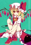  1girl ascot blonde_hair bloomers flandre_scarlet hat hat_ribbon laevatein mob_cap open_mouth pink_nails red_eyes ribbon shirt short_sleeves side_ponytail sitting solo tamagogayu1998 touhou underwear wings 