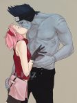  1boy 1girl blue_hair blue_skin closed_eyes forehead_protector gloves hairband haruno_sakura hoshigaki_kisame kiss lpilz naruto naruto_shippuuden pectorals pink_hair shirtless short_hair size_difference watermark 