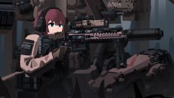  1girl absurdres aiming ammunition_box bipod brown_hair cqcnorthfish facing_to_the_side gloves green_eyes gun headphones highres holding holding_gun holding_weapon hydraulic_joint light_machine_gun looking_through_scope looking_to_the_side machine_gun mecha military military_uniform original robot scope short_hair smoke_grenade_launcher submachine_gun suppressor tactical_clothes tactical_gloves weapon 