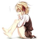  1girl bare_legs barefoot blonde_hair blood blood_on_fingers finger_licking finger_to_mouth gorilla_(bun0615) hair_ribbon highres leg_hug licking long_sleeves looking_at_viewer open_mouth red_eyes ribbon rumia shirt simple_background sitting skirt skirt_set solo tongue tongue_out touhou translation_request vest white_background 