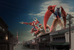  70s_robot_anime_geppy-x absurdres architecture blue_sky building city clenched_hands clothesline clouds day east_asian_architecture geppy-x-1 geppy-x-2 geppy-x-3 green_eyes highres horns house jumping lantern mecha mecha_focus mechanical_wings no_humans official_art orange_eyes outdoors outstretched_arm pincers power_lines red_horns red_wings road robot shouwa sky standing street super_robot third-party_source tokyo_(city) tokyo_tower utility_pole window wings yamato_akira yellow_eyes 