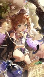  1girl absurdres bird black_gloves brown_hair cauldron datsha dress flask gloves green_eyes highres indoors long_hair magic_circle on_one_knee open_mouth outstretched_arm partially_fingerless_gloves potion reverse:1999 rhiannon_(reverse:1999) solo tearing_up white_dress 