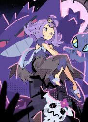  1girl :3 absurdres acerola_(pokemon) alternate_color armlet blue_sclera bourbunbun closed_mouth colored_sclera colored_shadow commentary dot_nose drawn_eyes dress drop_shadow flipped_hair floating full_body gengar ghost grid_teeth hair_ornament halftone_shadow highres jewelry knees_up looking_at_viewer mimikyu multicolored_dress pokemon pokemon_sun_and_moon purple_hair purple_sandals red_sclera sandals shadow shiny_pokemon shuppet sitting smile solid_oval_eyes solo_focus stitches striped_blush topknot torn_clothes torn_dress untranslatable_commentary yellow_pupils 