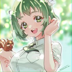  1girl :d animal_on_hand black_necktie blurry blurry_background breast_pocket bug butterfly butterfly_on_head commentary green_eyes green_hair kimi_no_koto_ga_dai_dai_dai_dai_daisuki_na_100-nin_no_kanojo looking_at_viewer necktie necktie_in_pocket open_mouth pocket shirt short_hair short_sleeves signature smile solo squirrel syuuka617 teeth upper_body upper_teeth_only watermark white_shirt yasashiki_yamame 