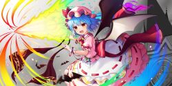  1girl apron ascot bat_wings blue_hair brooch frilled_skirt frills game_asset hat hat_ribbon highres holding holding_weapon jewelry laevatein_(touhou) medium_hair mob_cap official_art open_mouth pink_hat pink_shirt pink_skirt polearm red_ascot red_eyes remilia_scarlet ribbon ribbon-trimmed_skirt ribbon_trim ruhika shirt skirt skirt_set solo spear spear_the_gungnir third-party_source touhou touhou_lostword waist_apron weapon white_apron white_wrist_cuffs wings wrist_cuffs 