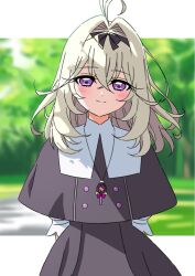 1girl antenna_hair black_bow black_capelet black_dress black_hairband blurry blurry_background bow bow_hairband capelet closed_mouth commentary_request crossed_bangs dress grey_hair hair_between_eyes hair_bow hair_intakes hairband kousuke0912 letterboxed looking_at_viewer medium_hair meitantei_precure! moria_luluka outdoors outside_border precure smile solo upper_body violet_eyes 