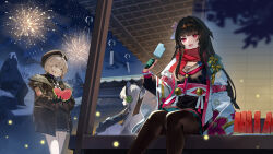  3girls :d aerial_fireworks amagasa_yun animal_ear_headphones animal_ears arm_belt black_gloves black_hair black_pantyhose black_sailor_collar black_shirt black_skirt blonde_hair brown_jacket cat_ear_headphones cat_ears cheyanne_(girls'_frontline_2) commentary_request eating fake_animal_ears fireworks flower food food_on_face fruit girls'_frontline_2:_exilium girls_frontline gloves grey_hair hair_flower hair_ornament half_gloves haori harpsy_(girls'_frontline_2) headphones highres holding holding_food holding_fruit ice_cream_bar jacket japanese_clothes long_hair m200_(girls'_frontline) miniskirt multiple_girls neckerchief obi pantyhose pleated_skirt ponytail porch red_eyes red_neckerchief red_scarf sailor_collar sakura_(girls'_frontline_2) sash scarf shirt skirt smile tmp_(girls'_frontline) type_100_(girls'_frontline) watermelon watermelon_slice white_haori white_pantyhose wind_chime 