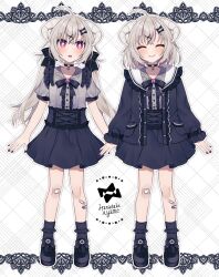 1girl ahoge ankle_socks bandaid bandaid_on_knee bandaid_on_leg black_bow black_choker black_jacket black_nails black_sailor_collar black_shoes black_skirt black_socks blouse blush border bow breasts brooch center_frills character_name choker commentary_request curved_horns footwear_bow frilled_sailor_collar frilled_shirt_collar frilled_socks frills full_body furrowed_brow gothic_lolita grey_hair grey_shirt grin hair_between_eyes hair_bow hair_ornament hairclip hanasaki_ayame hanasaki_ayame_(artist) heart heart_o-ring heart_ring_choker highres horns indie_virtual_youtuber jacket jewelry jirai_kei lace-trimmed_bow lace_background lace_trim lolita_fashion long_hair low_twintails multicolored_nails nail_polish o-ring o-ring_choker official_art open_clothes open_jacket ornate_border outline red_eyes red_nails reference_sheet sailor_collar self-portrait shirt shoes short_sleeves skirt small_breasts smile socks sparkling_eyes twintails underbust virtual_youtuber white_background white_outline x_hair_ornament 