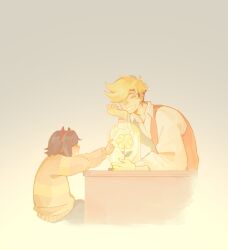  1boy 1other aged_down bell_jar blonde_hair closed_eyes collared_shirt commentary deltarune earrings english_commentary fake_horns flower flowery_(deltarune) green_vest hairband highres horn_hairband horns jewelry kris_(deltarune) leaf_earrings long_sleeves orange_vest planetsandmagic puffy_long_sleeves puffy_sleeves red_horns shirt short_hair single_horizontal_stripe smile striped_clothes striped_sweater sweater two-tone_vest utdr_(toby_fox) vest white_shirt yellow_flower 