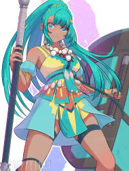  1girl aqua_hair bare_shoulders bead_necklace beads blue_corset blue_eyes blue_hair blush breasts closed_mouth commentary corset dark-skinned_female dark_skin dress esmeralda_(fire_emblem) fire_emblem fire_emblem:_fortune's_weave high_ponytail highres holding holding_polearm holding_shield holding_weapon jewelry long_hair looking_at_viewer medium_breasts necklace polearm ponytail shield short_sleeves smile solo thigh_strap very_long_hair weapon yaizaberry 