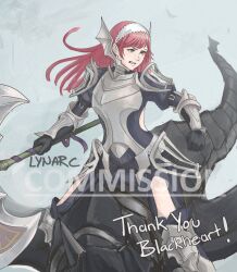  2girls angry axe cherche_(fire_emblem) commission dragon fire_emblem fire_emblem_awakening headband holding holding_axe long_hair looking_to_the_side lynarc minerva_(fire_emblem_awakening) multiple_girls pink_eyes pink_hair riding riding_animal silver_armor thank_you watermark white_headband wyvern 
