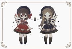  2girls accurate_lolita_coord animal_print beret black_bow black_bowtie black_dress black_hat black_ribbon black_shoes border bow bowtie brown_eyes brown_hair brown_socks chain closed_mouth coffin commentary_request cross cross_print dot_mouth dress eyepatch frilled_dress frilled_sleeves frills gold_chain hair_bow hat holding holding_stuffed_toy kneehighs lolita_fashion long_hair multiple_girls naiguozi off-shoulder_dress off_shoulder original ornate_border print_dress rabbit_print red_bow red_dress ribbon shoes short_hair socks sparkle stuffed_animal stuffed_rabbit stuffed_toy waist_bow white_background white_bow white_ribbon 