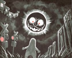  absurdres betelgzart clouds cloudy_sky evil_grin evil_smile family_members_(rhythm_tengoku) floating ghost glowing glowing_eyes grass grin highres hood horror_(theme) monster moon night outdoors red_eyes rhythm_tengoku ruins sharp_teeth sky smile spot_color standing teeth the_moon_(rhythm_tengoku) tombstone 
