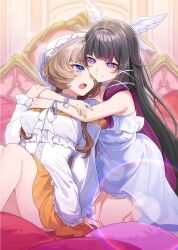  2girls absurdres bare_shoulders black_hair blue_eyes brown_hair colored_inner_hair columbina_(genshin_impact) columbina_(the_final_gift)_(genshin_impact) commentary_request frilled_nightgown genshin_impact hair_ornament highres hug indoors kneeling long_hair long_sleeves looking_at_another multicolored_hair multiple_girls nightgown official_alternate_costume on_bed open_mouth pajamas purple_hair ringozaka_mariko sandrone_(genshin_impact) sandrone_(the_final_gift)_(genshin_impact) sitting smile symbol_in_eye very_long_hair violet_eyes white_gown white_nightgown white_pajamas wing_hair_ornament 