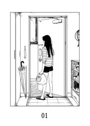  1girl bad_source bag black_hair border bumped_into_x commentary_request door door_handle doorknob doorway from_behind from_inside full_body greyscale hallway holding holding_bag indoors inset_border je_minjin korean_commentary long_hair long_sleeves monochrome official_art opening_door sandals shelf shirt shoes shorts sleeves_rolled_up slides striped_clothes striped_shirt trash_bag umbrella white_background window yeongol 