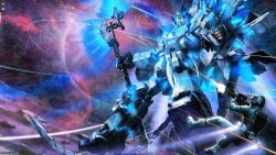  1boy absurdres asteroid astronaut beam_axe copyright_notice cropped energy firing glowing gun gundam gundam_battle_operation_2 gundam_unicorn highres holding holding_gun holding_weapon jetpack mecha mecha_pilot_suit mobile_suit nebula normal_suit_(gundam) nt-d realistic robot science_fiction shield soldier space star_(sky) sunrise_(company) tenjin_hidetaka thrusters unicorn_gundam v-fin weapon zero_gravity 